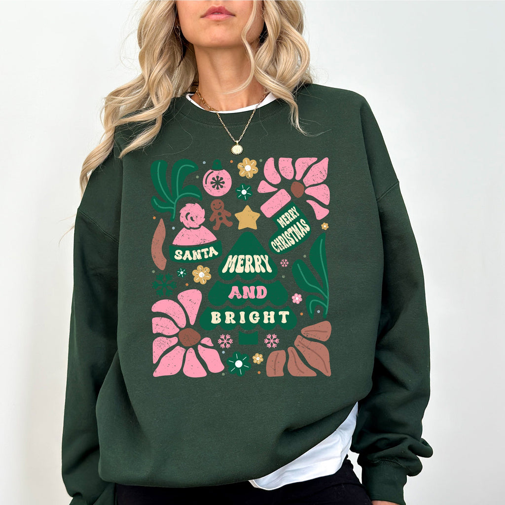 Pink Merry and Bright Ornament Tree Christmas Flowers Floral Holiday Edition Sweatshirt
