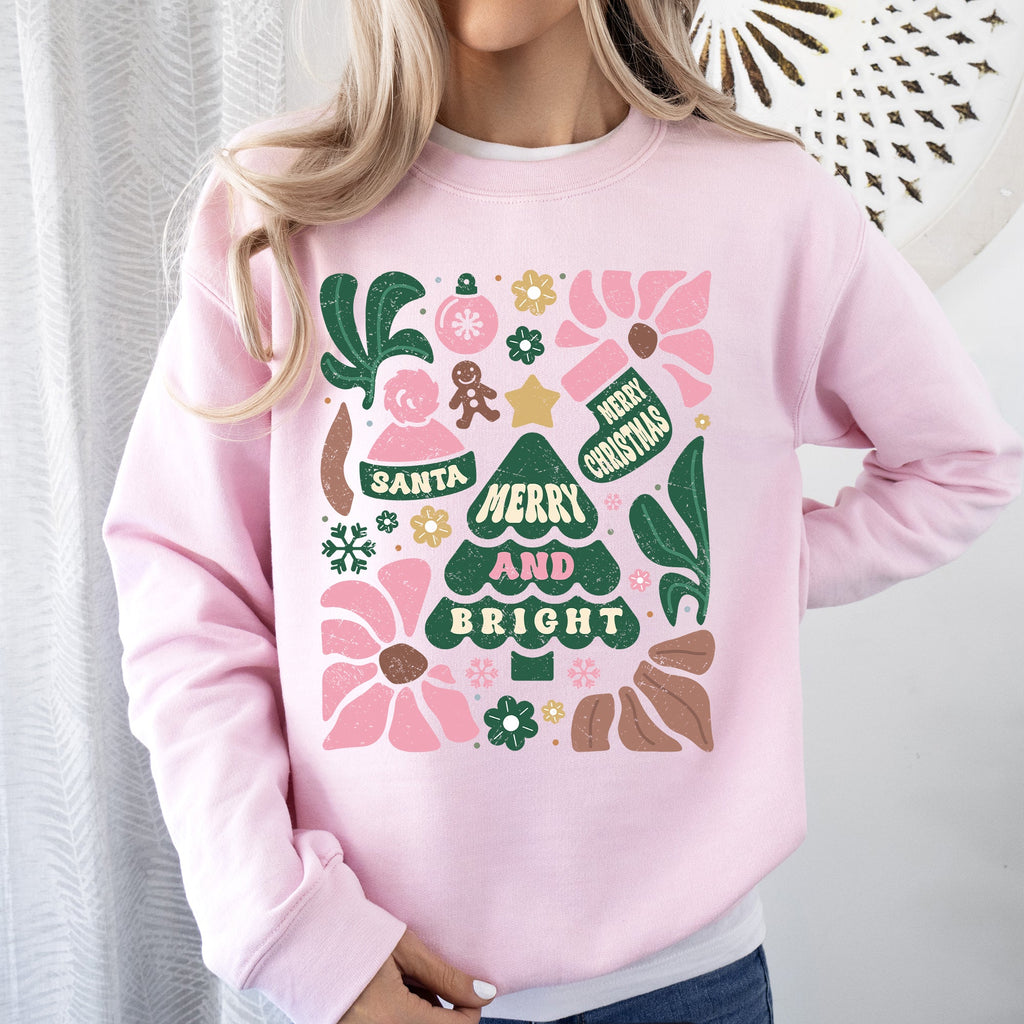 Pink Merry and Bright Ornament Tree Christmas Flowers Floral Holiday Edition Sweatshirt
