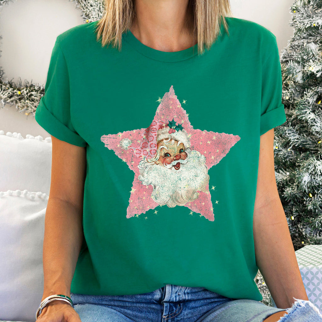 Pink Star Retro Santa Christmas Vintage Studio Art Illustration Design Graphic Tee