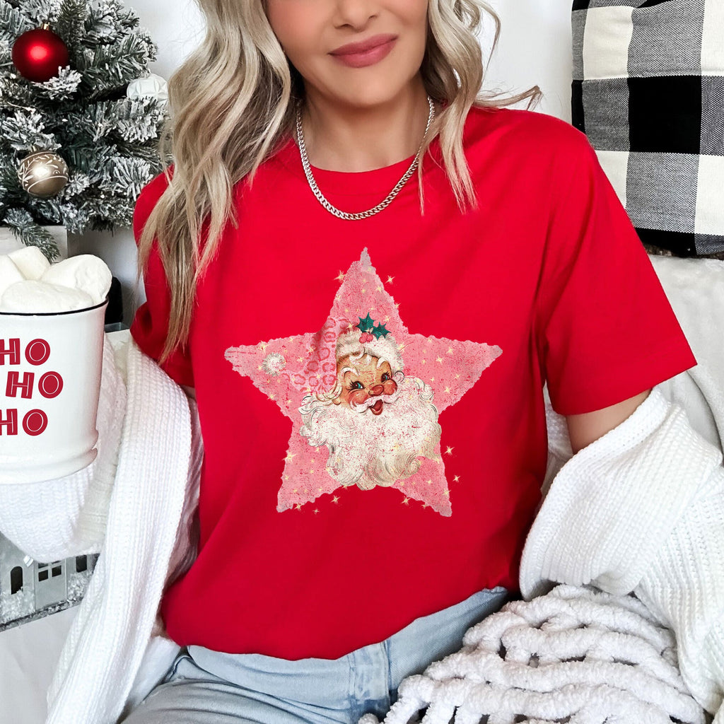 Pink Star Retro Santa Christmas Vintage Studio Art Illustration Design Graphic Tee