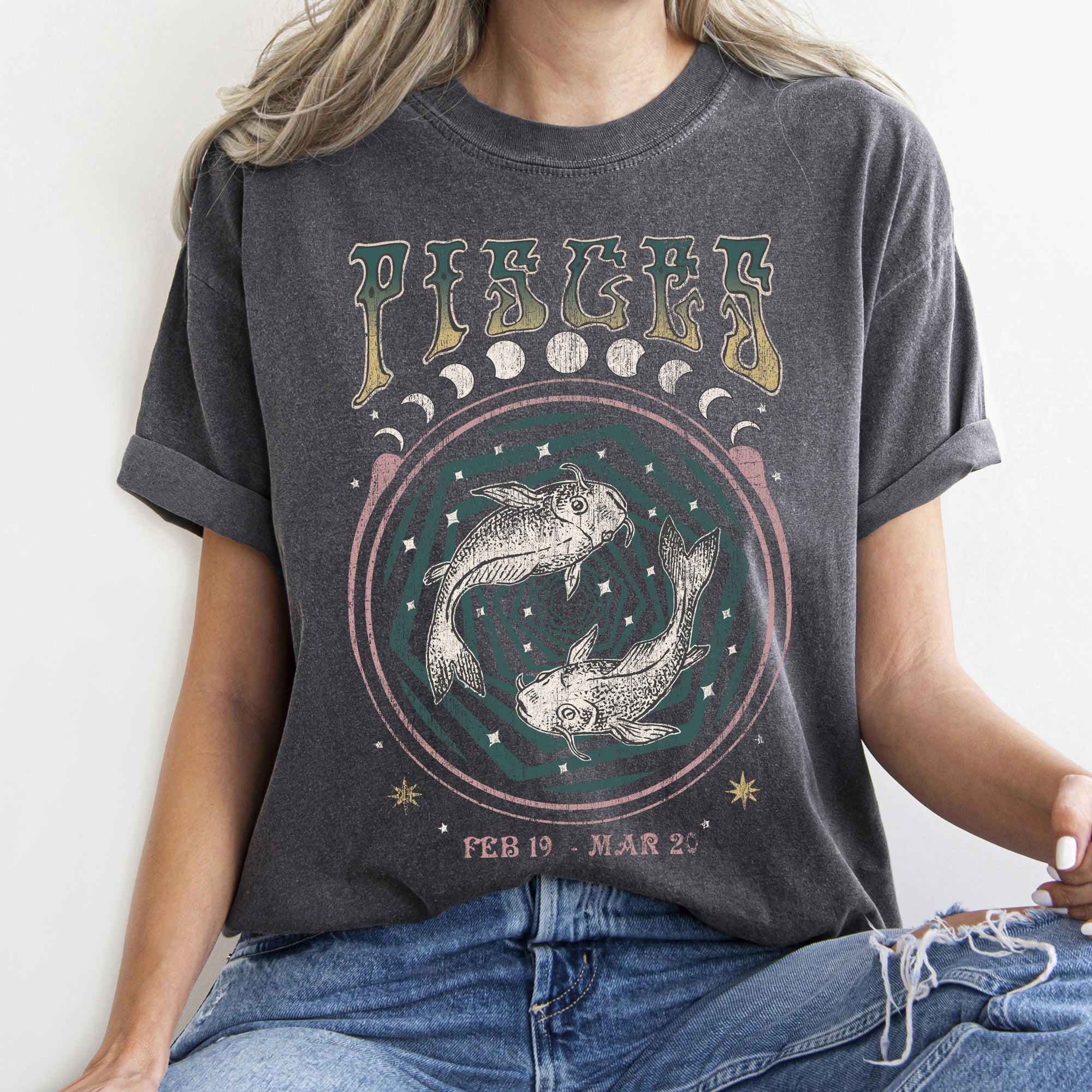 Pisces Zodiac Horoscope Astrology Mystic Moon Phases Celestial Art Print For Astrology Lovers Comfort Colors Tee