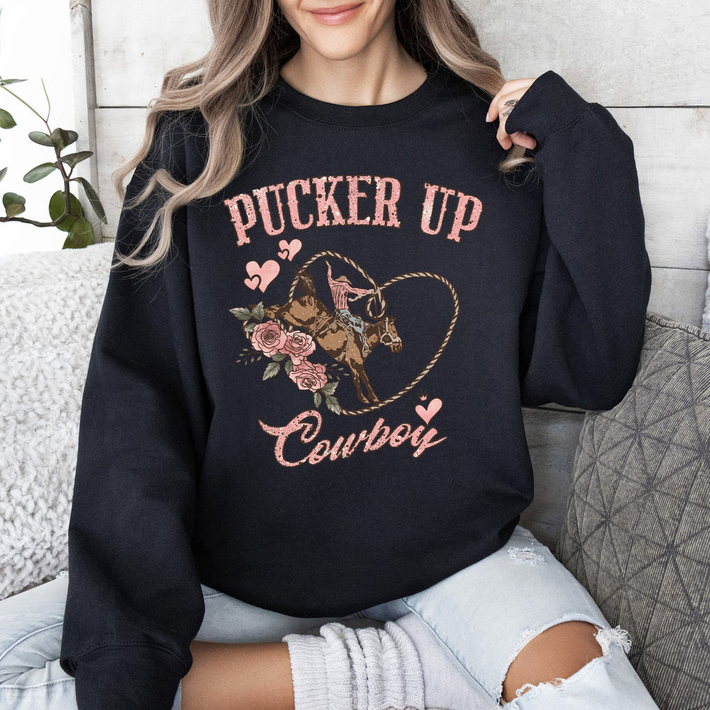 Pucker Up Cowboy Valentine's Western Rodeo Heart Love Buckaroo Romance Graphic Sweatshirt