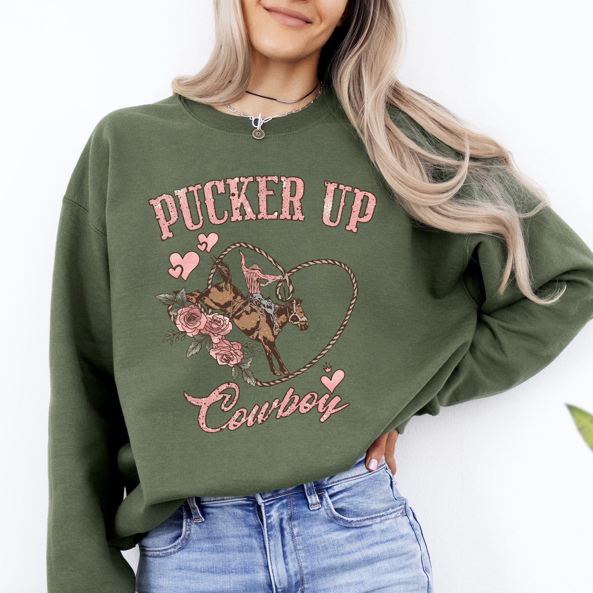 Pucker Up Cowboy Valentine's Western Rodeo Heart Love Buckaroo Romance Graphic Sweatshirt