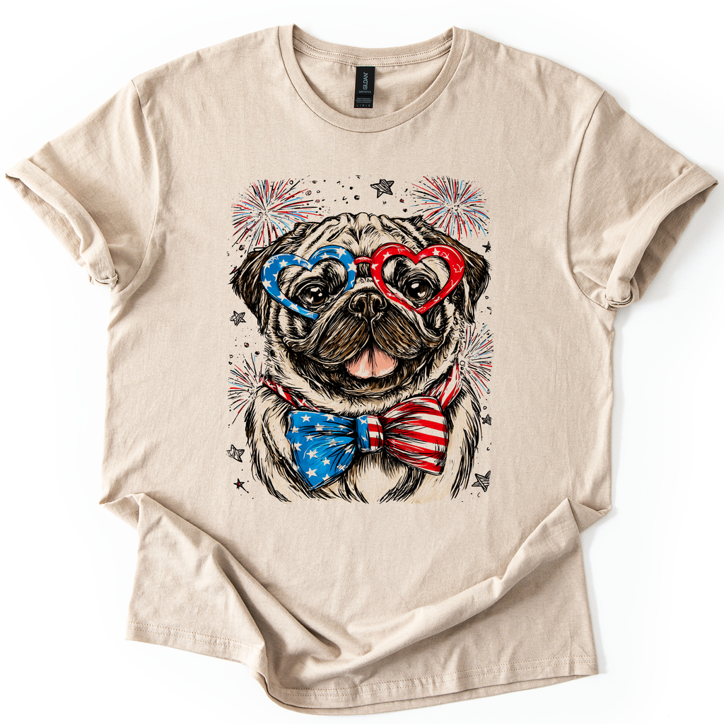 Pug Patriotic Dog USA Fourth Of July Pet Lover Soft Style All American Pup Graphic Tee