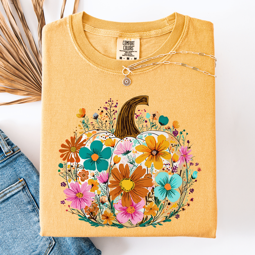 Pumpkin Floral Watercolor Leopard Print Pumpkins Bouquet Halloween Fall Comfort Colors Tee