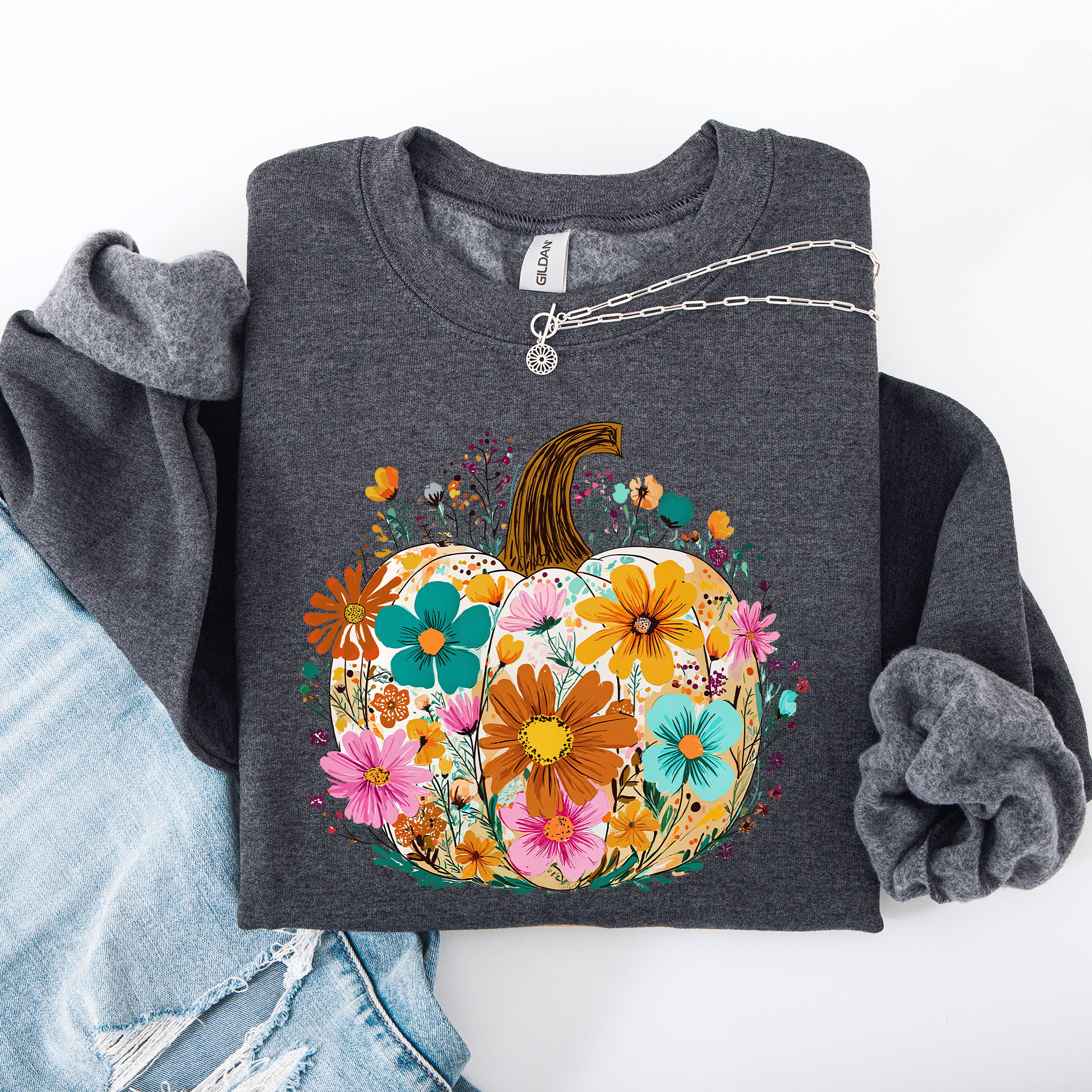 Pumpkin Floral Halloween Fall Autumn Harvest Sunflowers Seasonal Print Sweatshirt