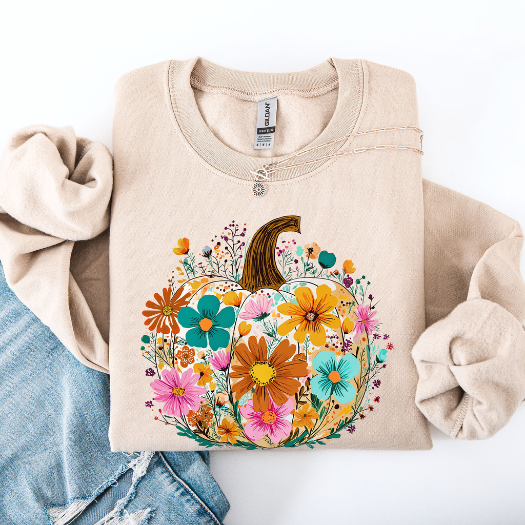 Pumpkin Floral Halloween Fall Autumn Harvest Sunflowers Seasonal Print Sweatshirt