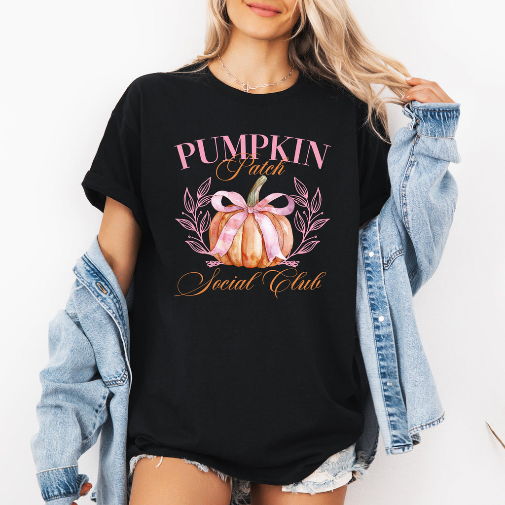 Pumpkin Patch Social Club Autumn Harvest Cozy Seasonal Vibes For October Nights And Family Gatherings Graphic Tee