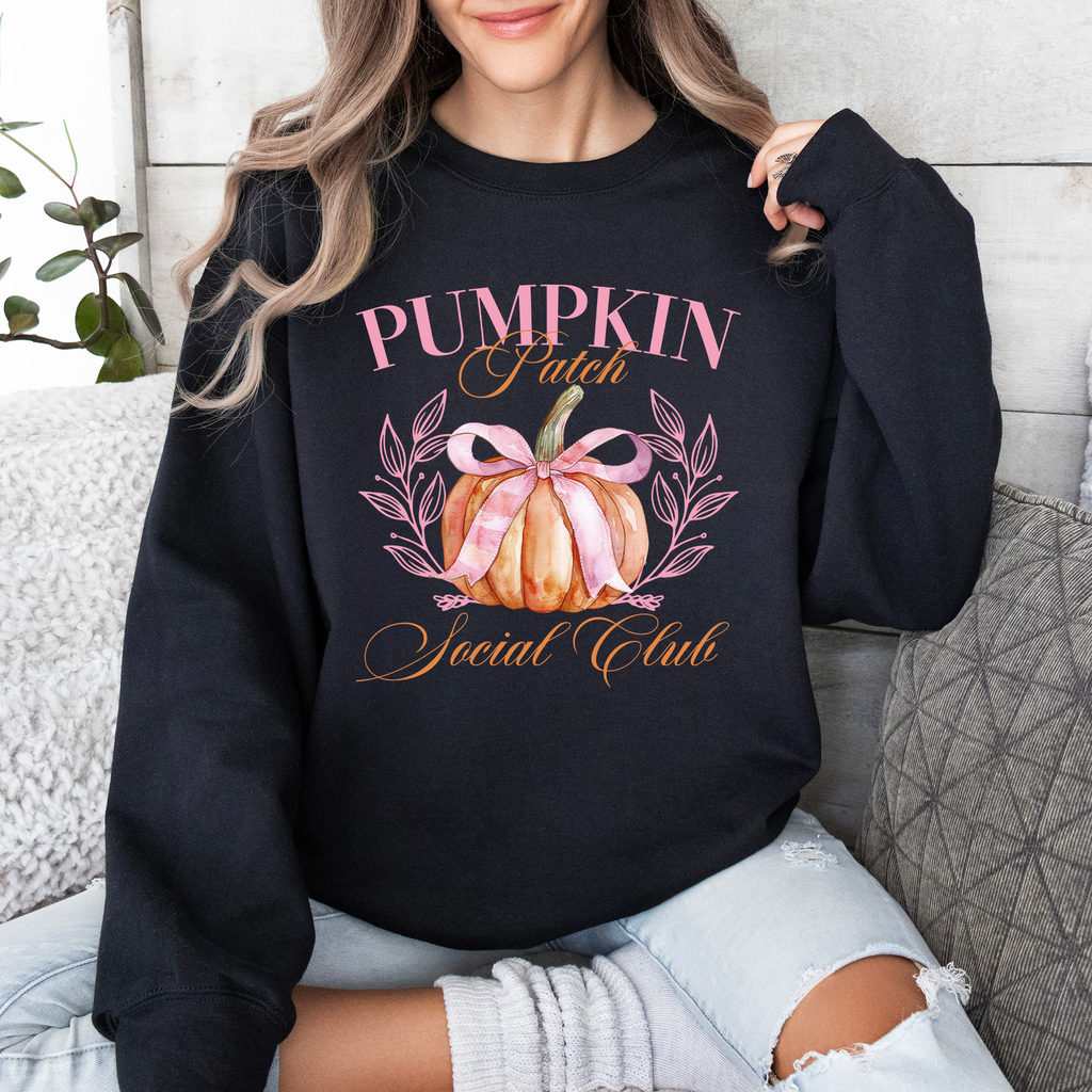 Pumpkin Patch Social Club Autumn Florals Sunflowers Patchwork Harvest Moon Motif Sweatshirt