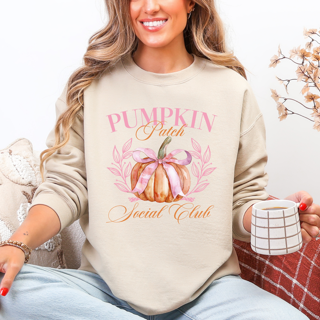 Pumpkin Patch Social Club Autumn Florals Sunflowers Patchwork Harvest Moon Motif Sweatshirt