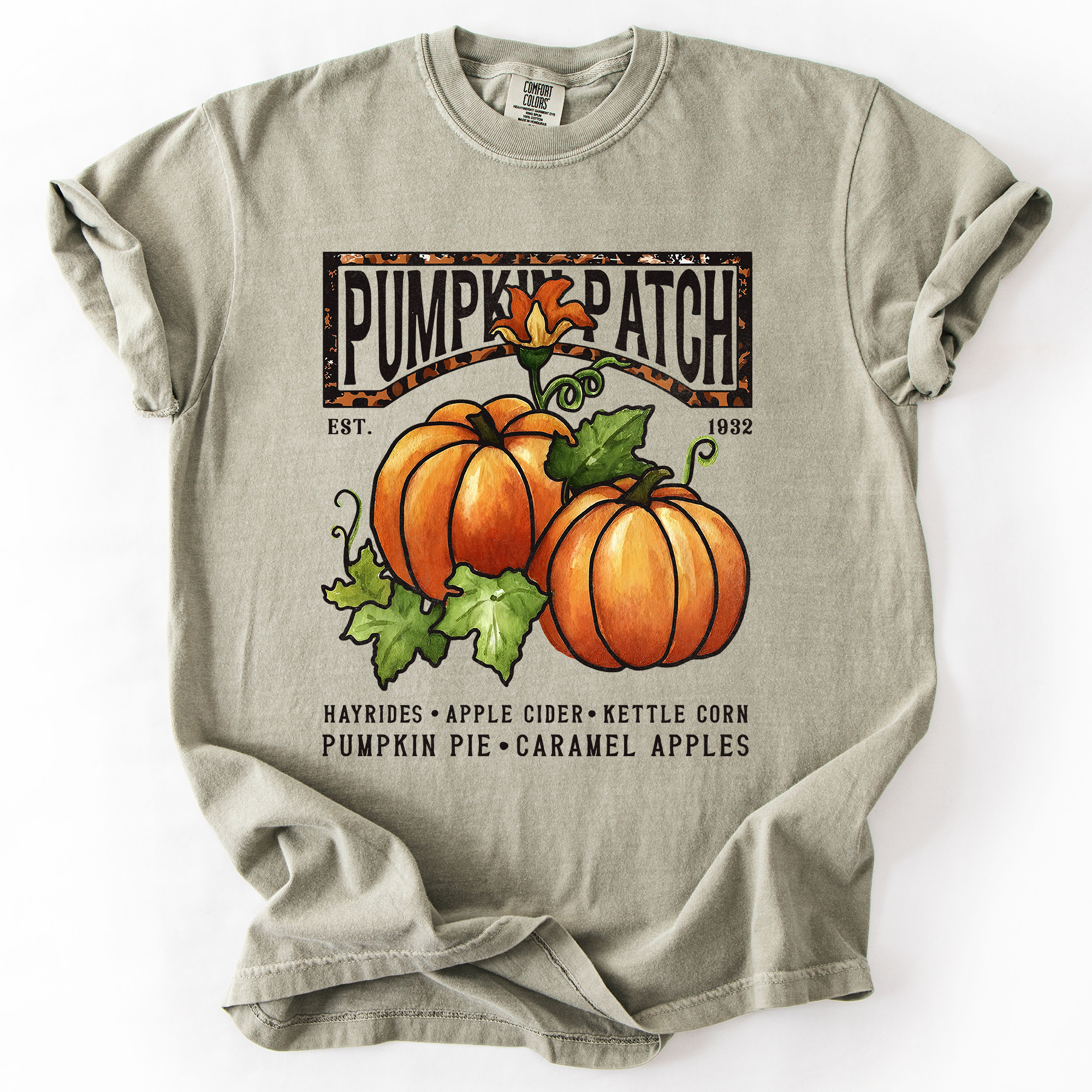 Pumpkin Patch Leopard Print Watercolor Pumpkins And Bouquet Autumn Comfort Colors Tee