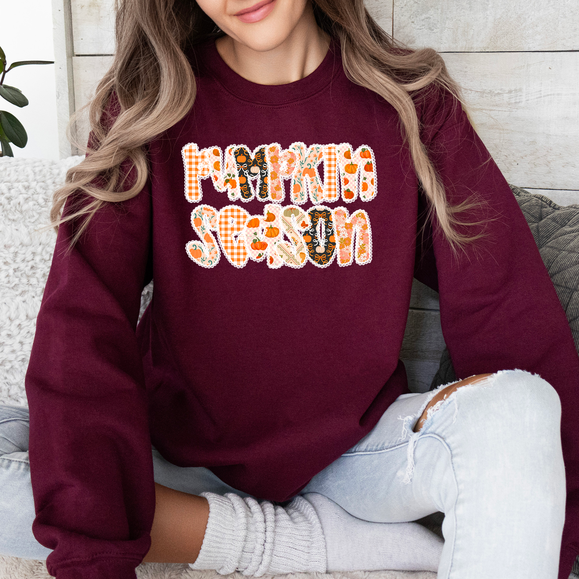 Pumpkin Queen Cozy Autumn Harvest Pattern With Classic Varsity Print Everyday Wear Sweatshirt