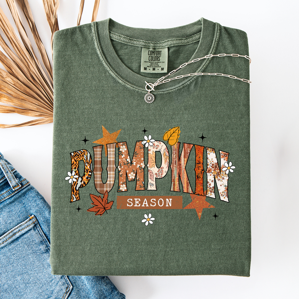 Pumpkin Season, Stars And Leaves Watercolor Autumn Scene Print Comfort Colors Tee
