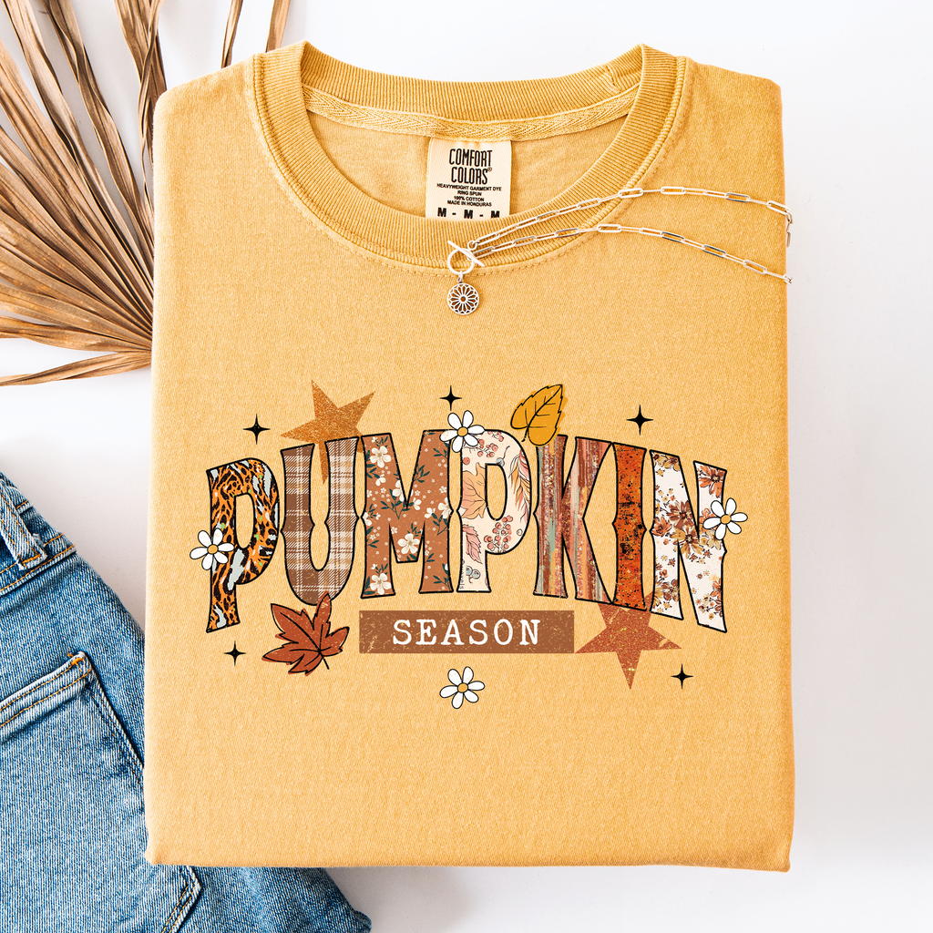 Pumpkin Season, Stars And Leaves Watercolor Autumn Scene Print Comfort Colors Tee
