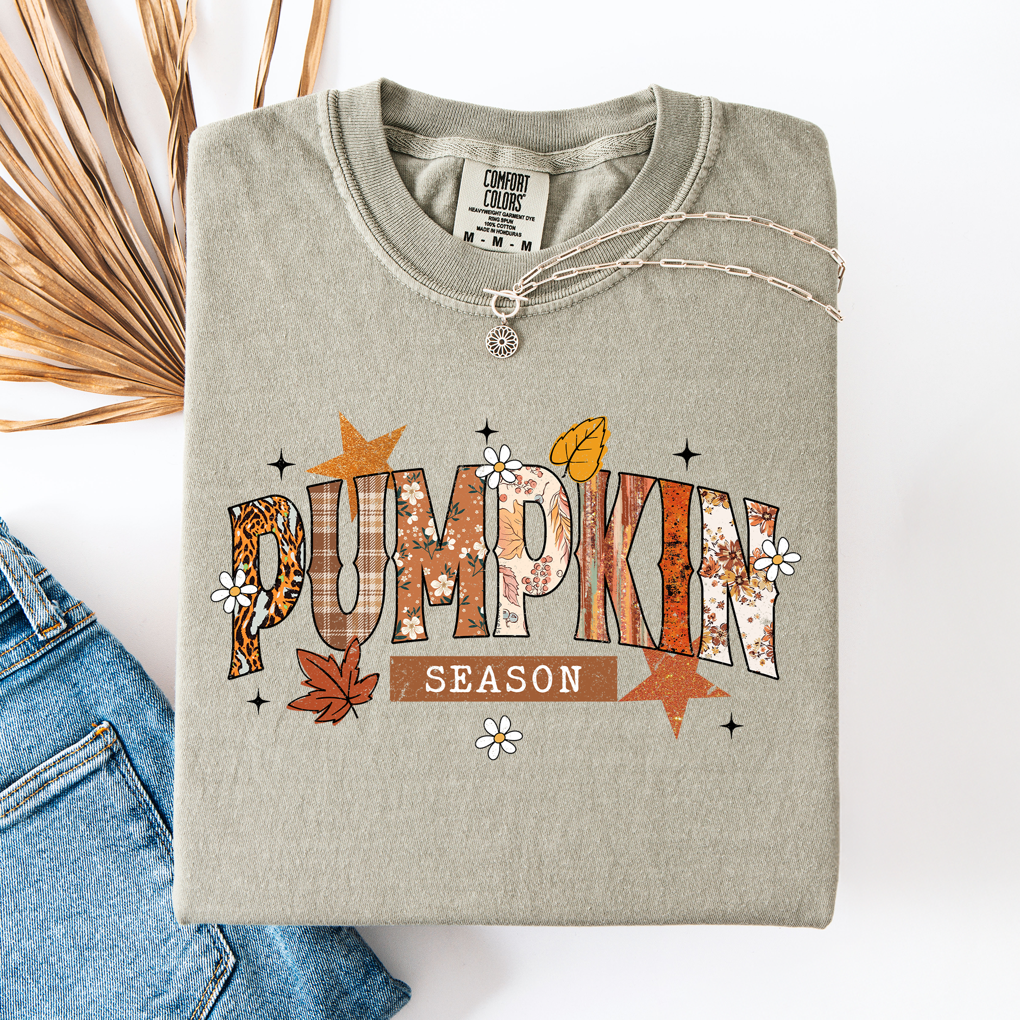 Pumpkin Season, Stars And Leaves Watercolor Autumn Scene Print Comfort Colors Tee