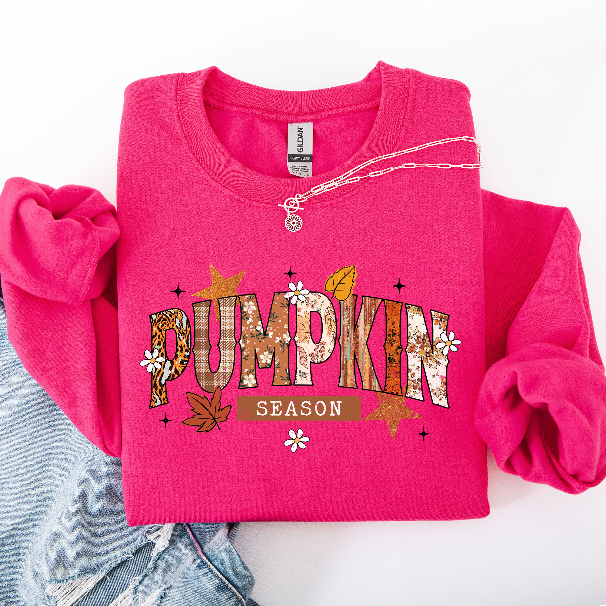 Pumpkin Season, Stars and Leaves Autumn Floral Pattern Cozy Weekend Wear Sweatshirt