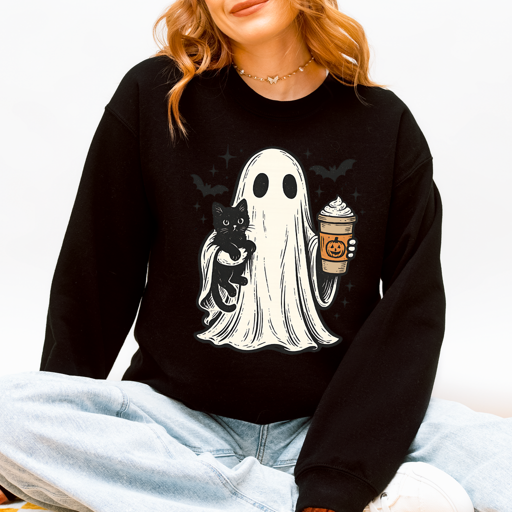 Pumpkin Spice Latte Ghost Witch Halloween Cat Bats Leopard Patchwork Autumn Sweatshirt