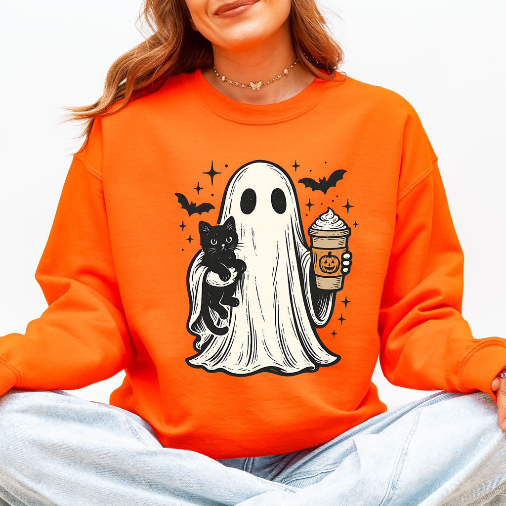 Pumpkin Spice Latte Ghost Witch Halloween Cat Bats Leopard Patchwork Autumn Sweatshirt
