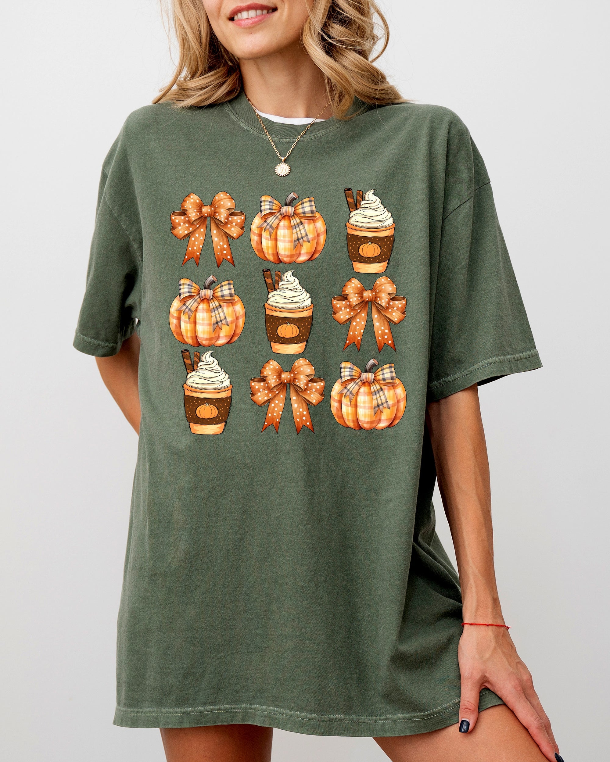 Pumpkin Spice Latte Ribbons Fall Coffee Pumpkins Autumn Thanksgiving Halloween Bows Comfort Colors Tee