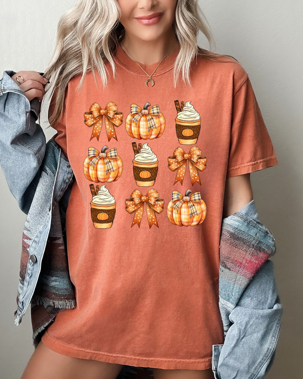 Pumpkin Spice Latte Ribbons Fall Coffee Pumpkins Autumn Thanksgiving Halloween Bows Comfort Colors Tee