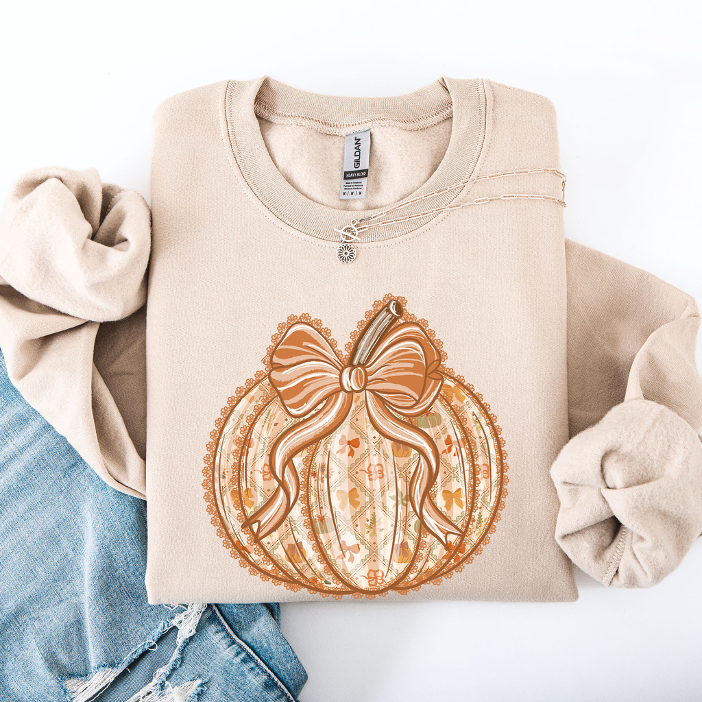 Pumpkin Faux Lace Coquette Pattern Cozy Autumn Inspired Premium Soft Cotton Blend Layering Sweatshirt