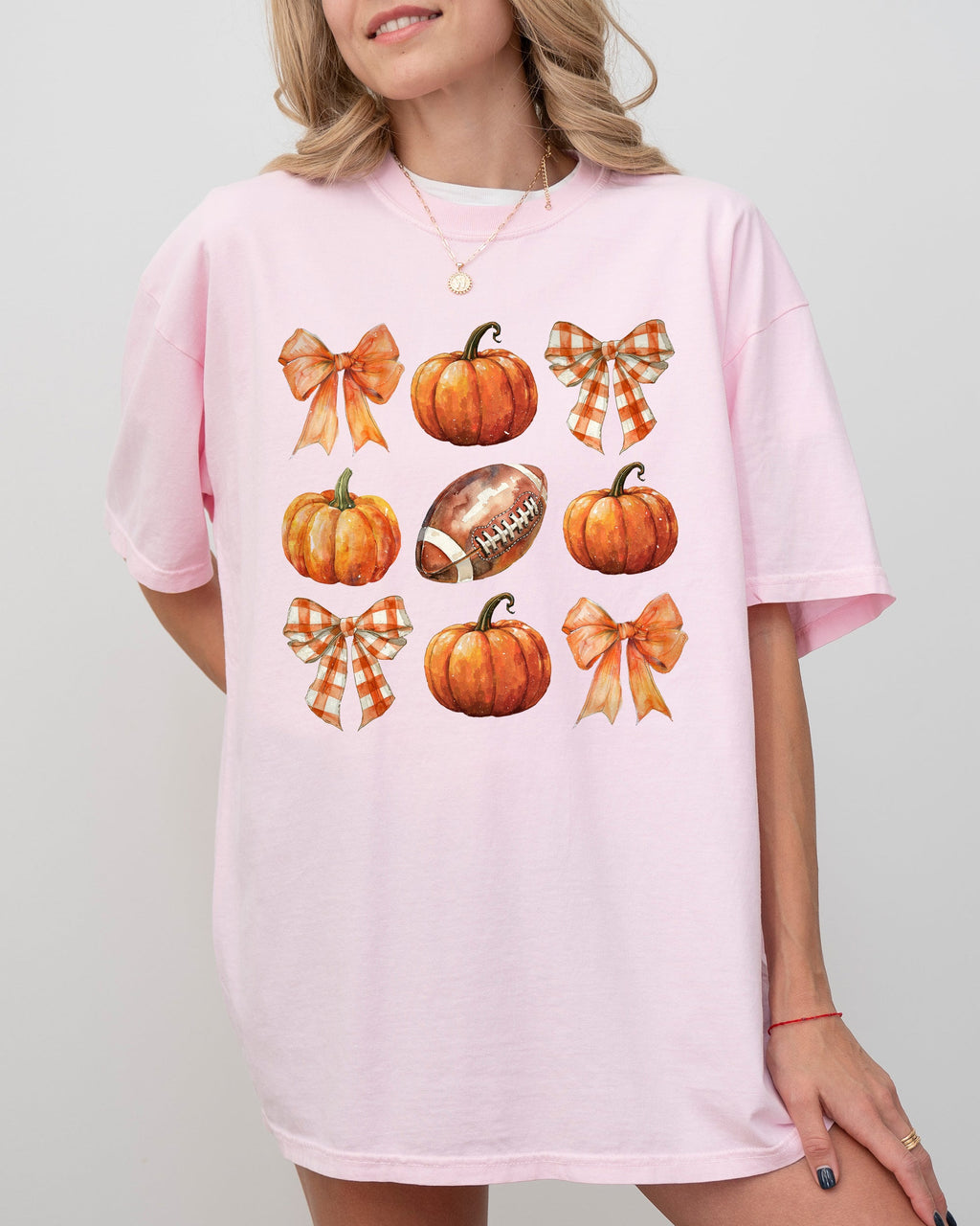 Pumpkin Football Bows Ribbons Fall Autumn Thanksgiving Halloween Sports Touch Down Comfort Colors Tee