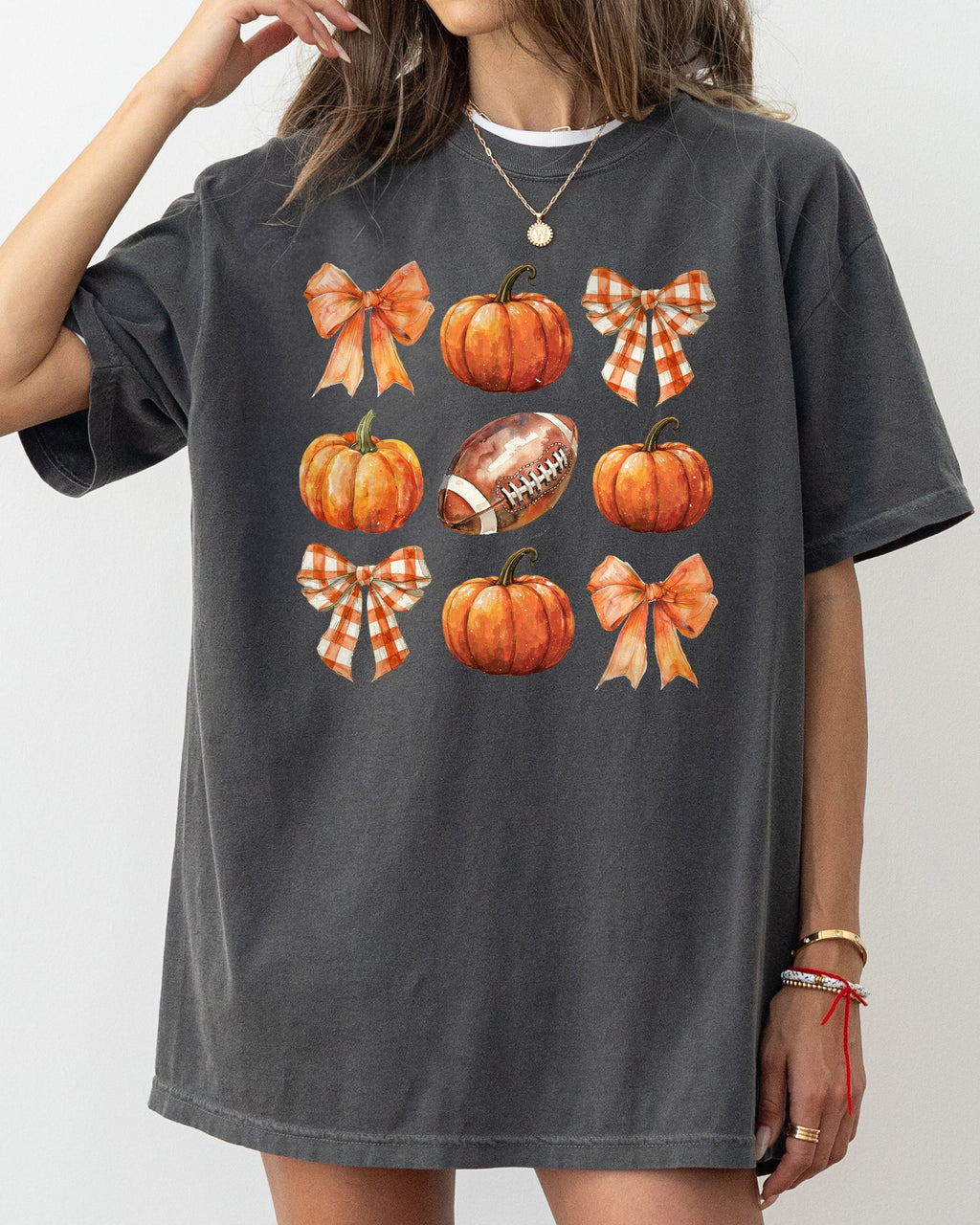 Pumpkin Football Bows Ribbons Fall Autumn Thanksgiving Halloween Sports Touch Down Comfort Colors Tee