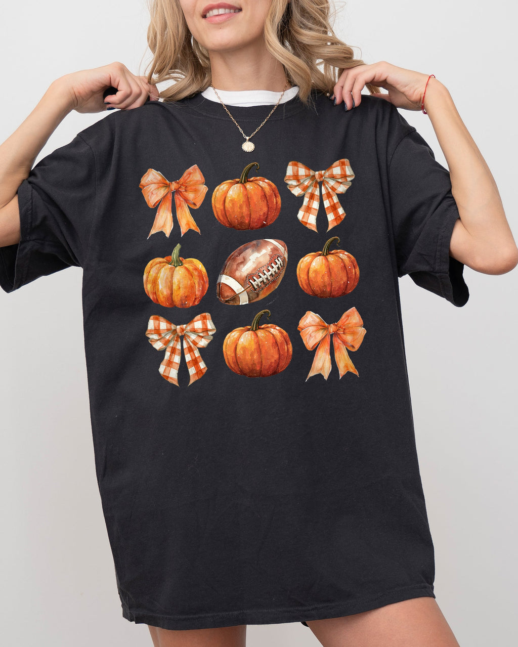 Pumpkin Football Bows Ribbons Fall Autumn Thanksgiving Halloween Sports Touch Down Comfort Colors Tee