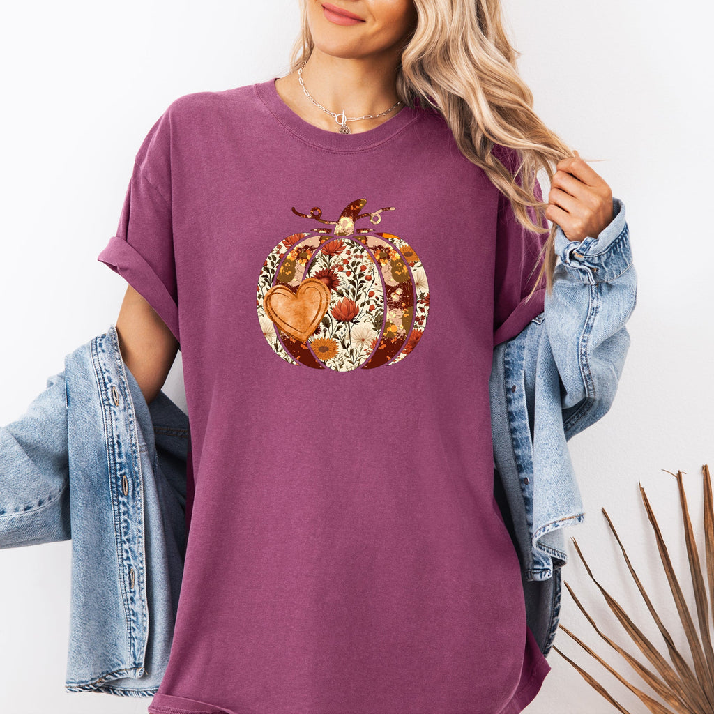 Pumpkin Heart Love Floral Thanksgiving Fall Autumn Halloween Flower Comfort Colors Tee