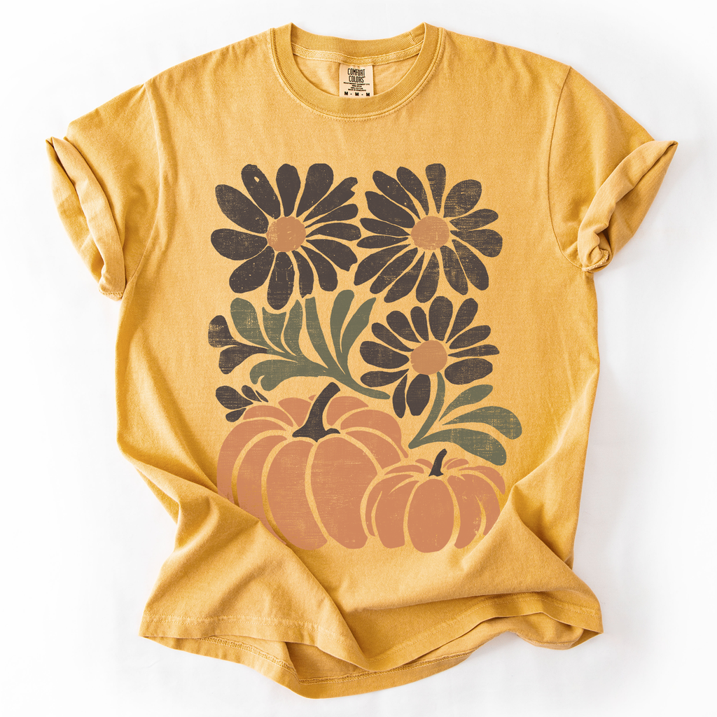 Pumpkins And Flowers Watercolor Allover Print Halloween Autumn Comfort Colors Tee