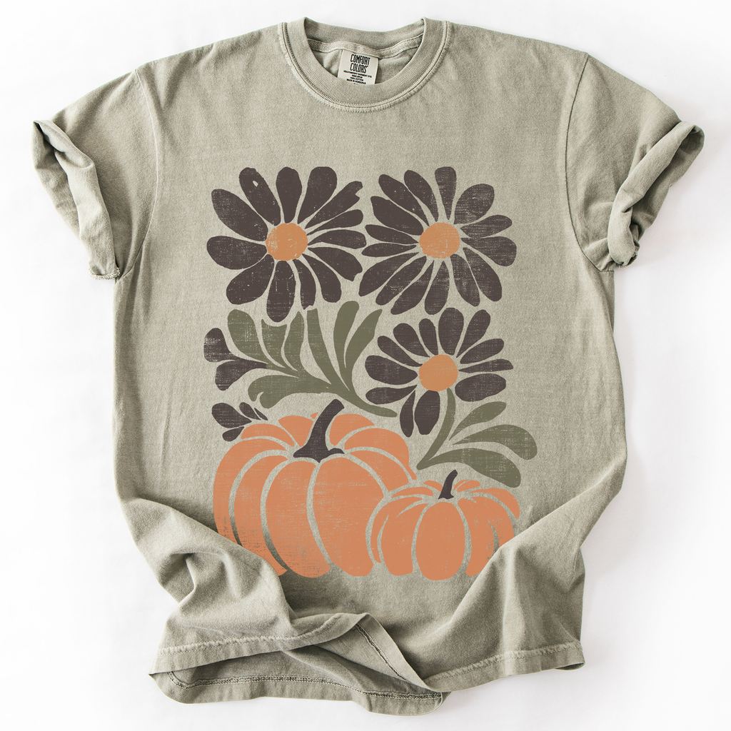 Pumpkins And Flowers Watercolor Allover Print Halloween Autumn Comfort Colors Tee