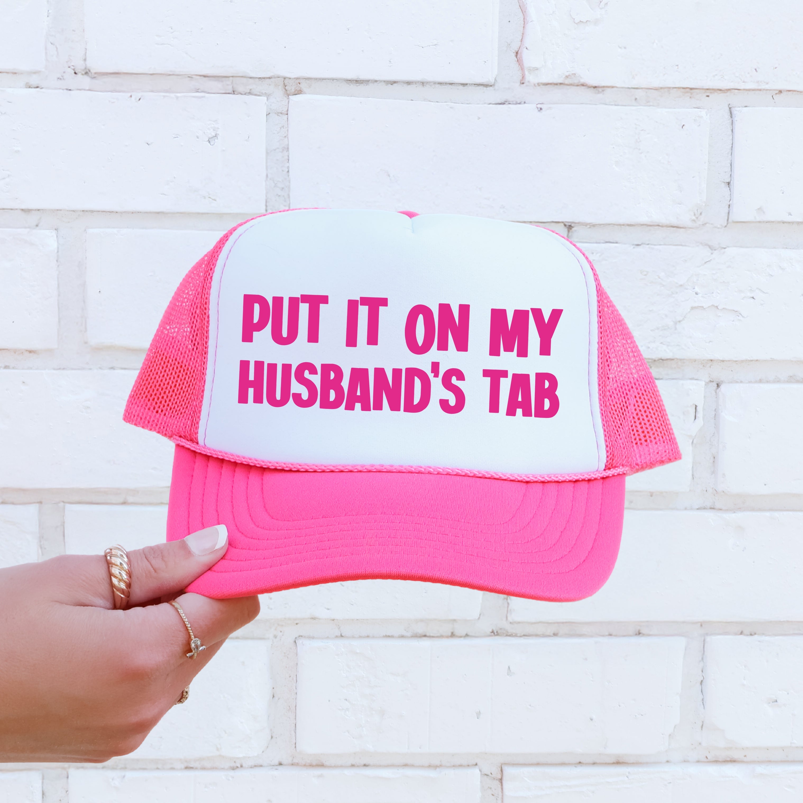 Put It On My Husband's Tab Sassy Saying Graphic Trucker Hat For Bold Style Casual