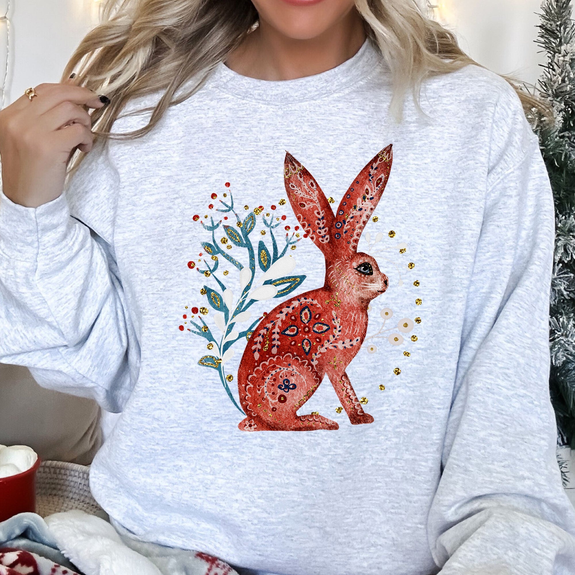 Rabbit Folk Art Inspired Scandinavian Winter Christmas Illustrated Cozy Holiday Graphic Sweatshirt