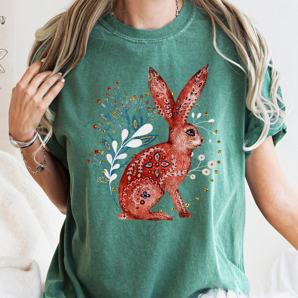 Rabbit Folk Art Inspired Scandinavian Winter Christmas Scene Art Comfort Colors Tee