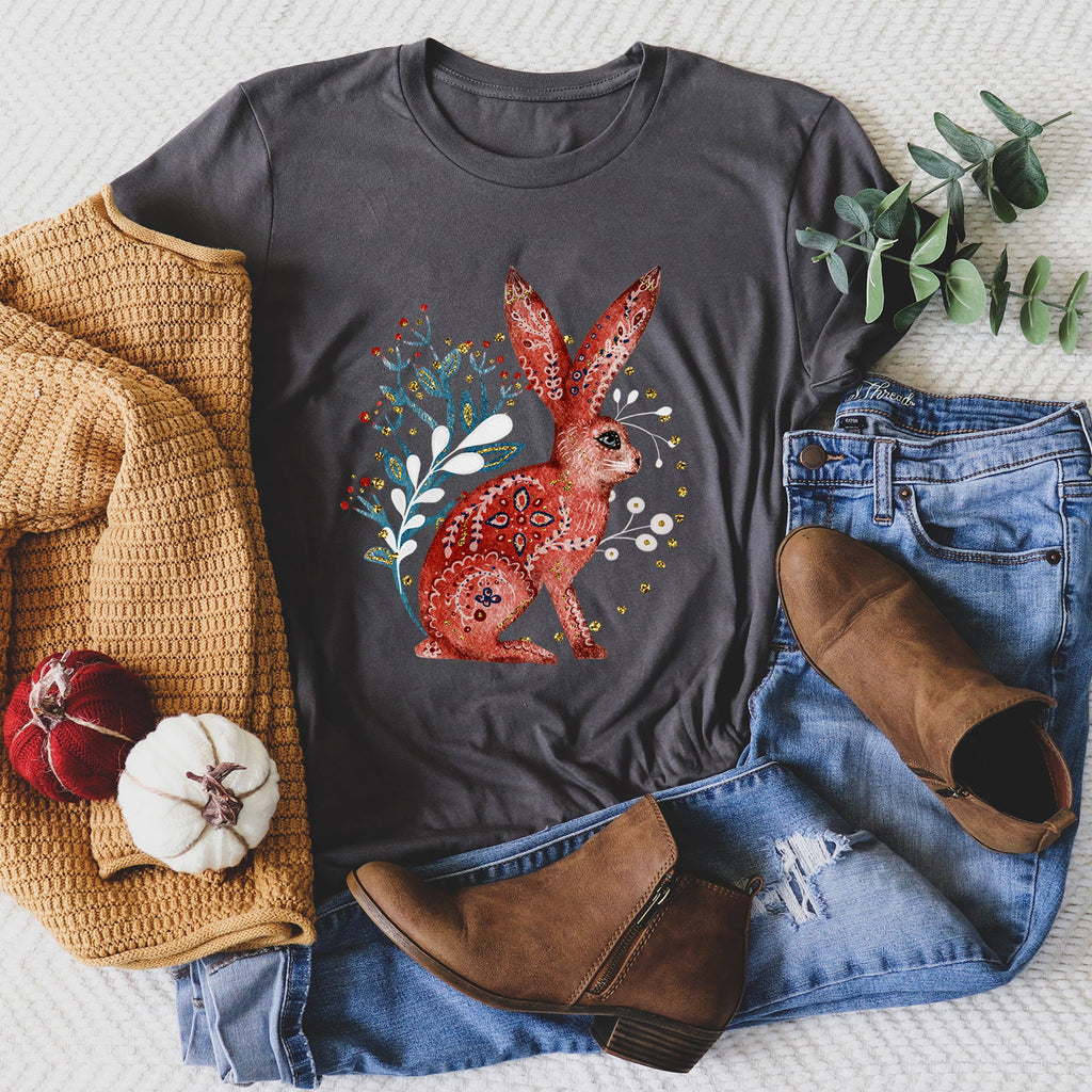 Rabbit Folk Art Scandinavian Winter Christmas Illustration With Cozy Nordic Charm Graphic Tee