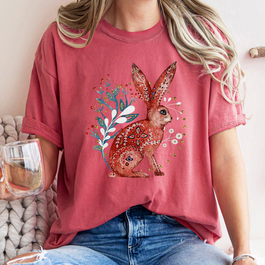 Rabbit Folk Art Inspired Scandinavian Winter Christmas Scene Art Comfort Colors Tee