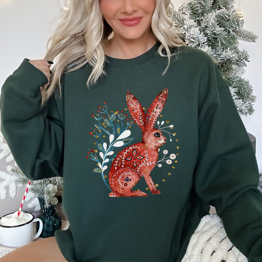 Rabbit Folk Art Inspired Scandinavian Winter Christmas Illustrated Cozy Holiday Graphic Sweatshirt