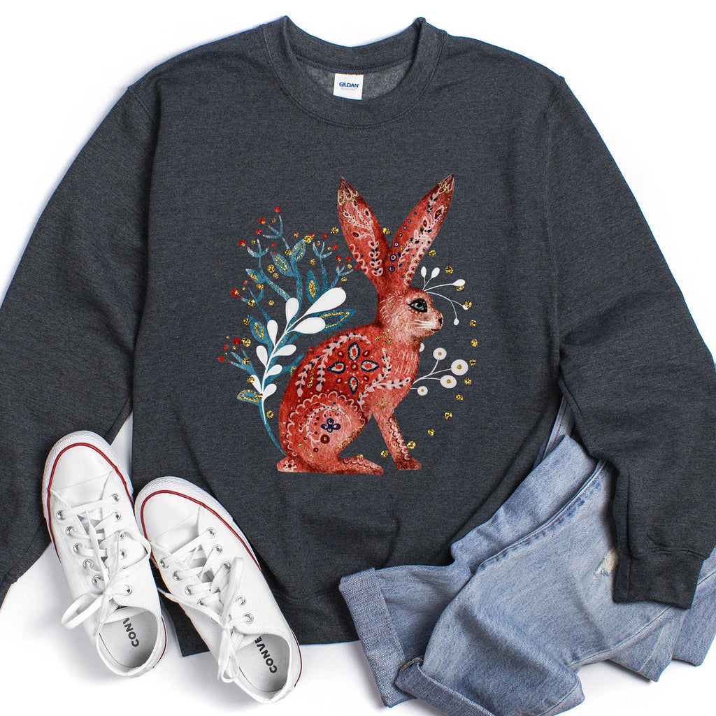 Rabbit Folk Art Inspired Scandinavian Winter Christmas Illustrated Cozy Holiday Graphic Sweatshirt