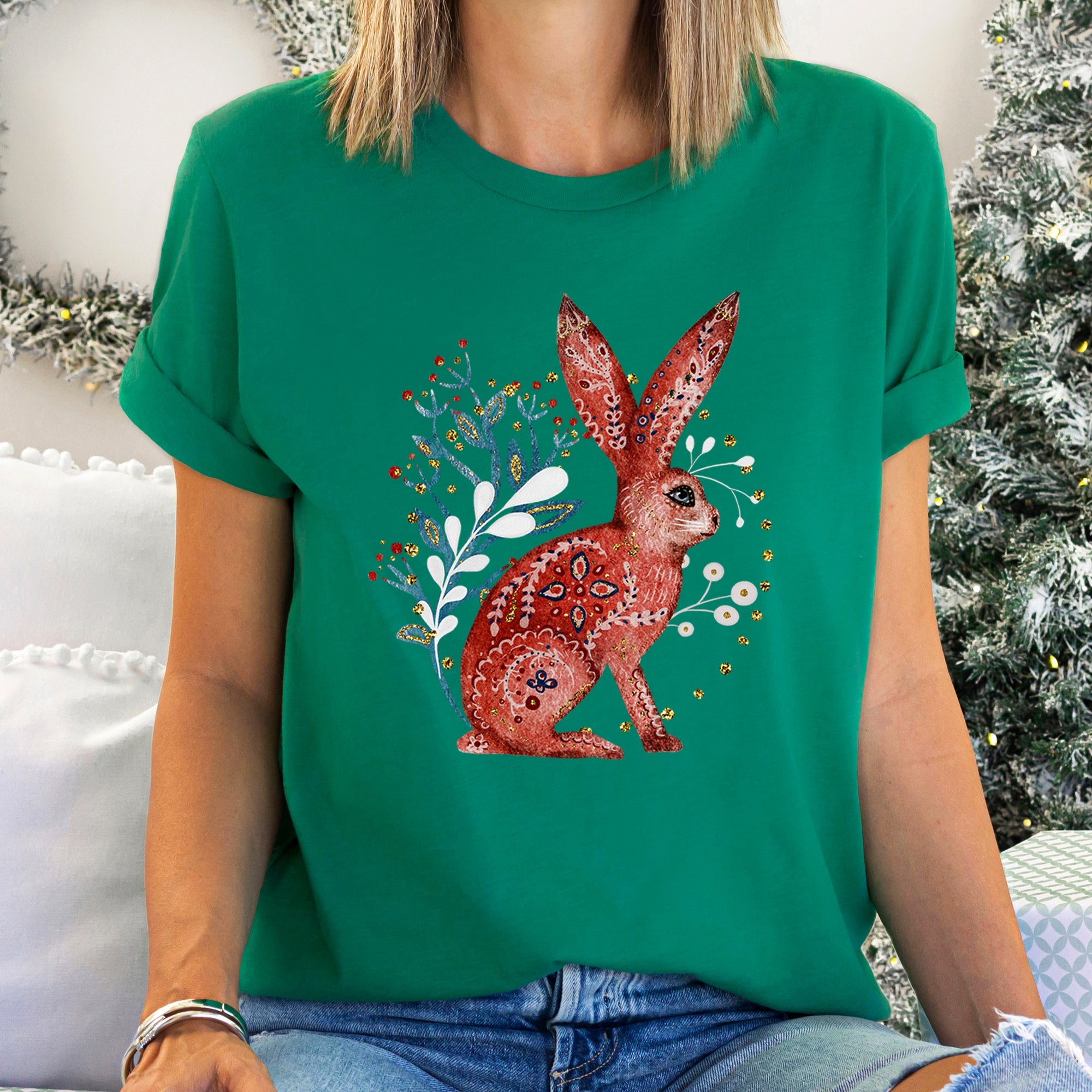 Rabbit Folk Art Scandinavian Winter Christmas Illustration With Cozy Nordic Charm Graphic Tee
