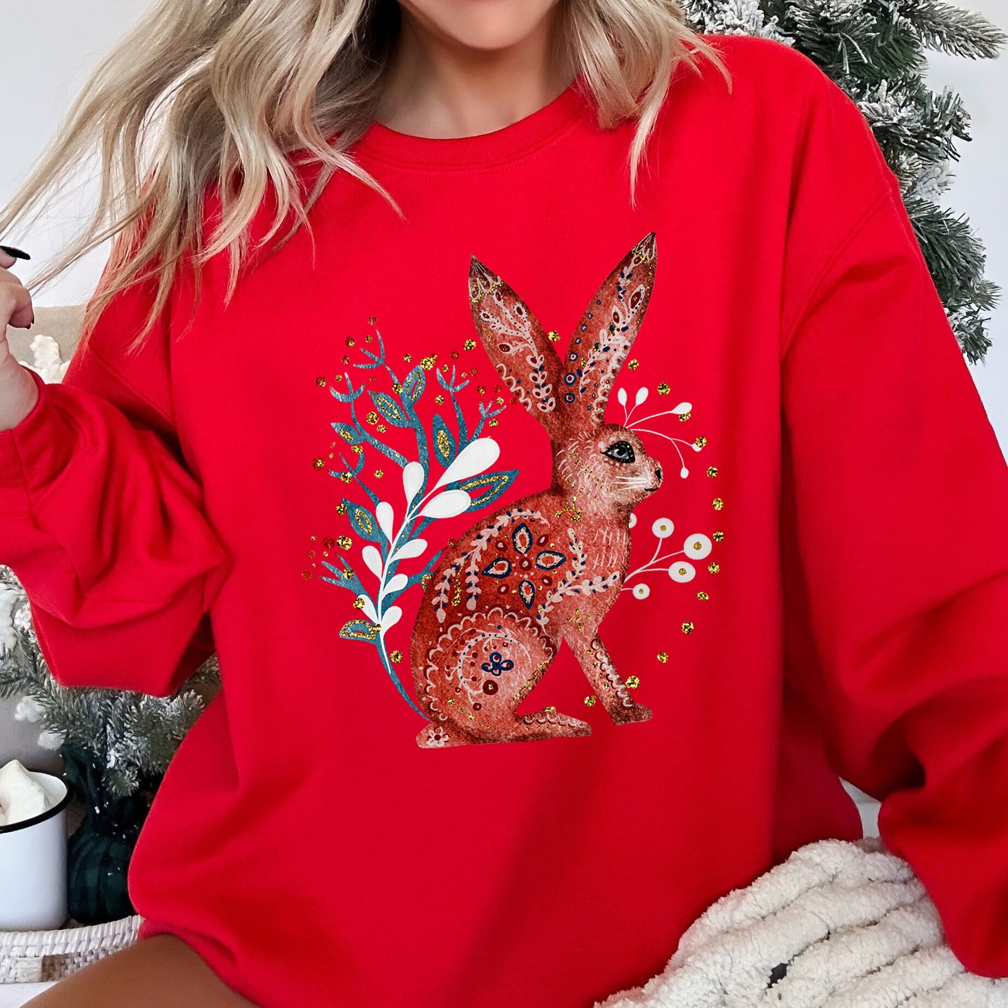 Rabbit Folk Art Inspired Scandinavian Winter Christmas Illustrated Cozy Holiday Graphic Sweatshirt