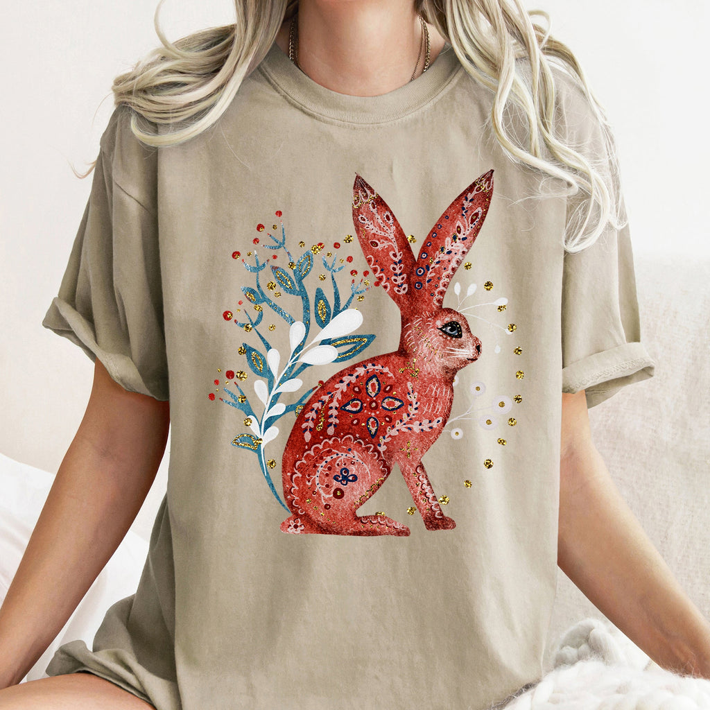 Rabbit Folk Art Inspired Scandinavian Winter Christmas Scene Art Comfort Colors Tee