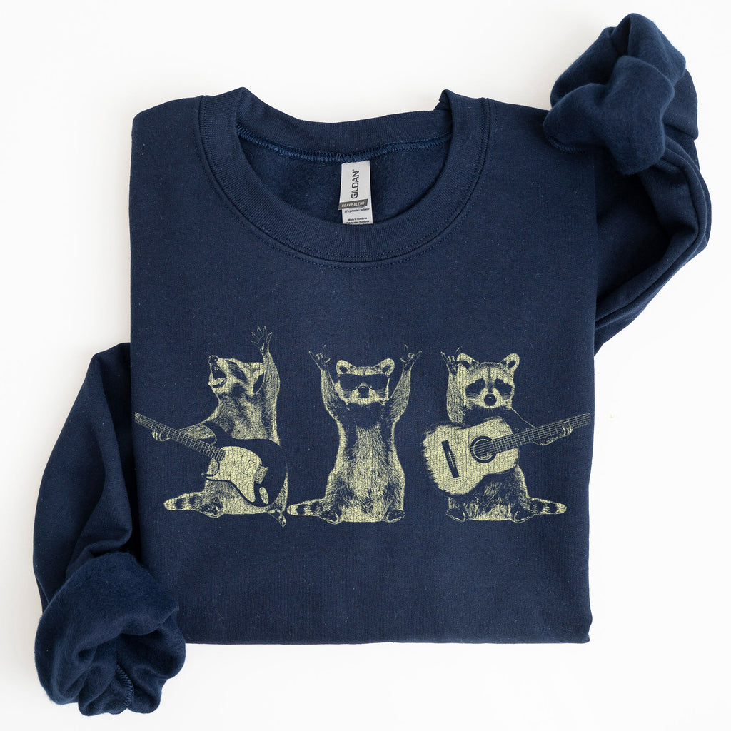 Raccoon Band Playing Guitar Funny Animals Cartoon Graphic Art Illustration Sweatshirt