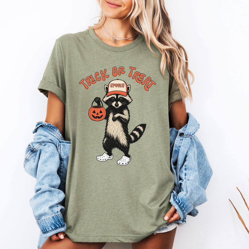 Raccoon Trick Or Treat Halloween Spooky Cute Playful Night Time Creature Graphic Tee