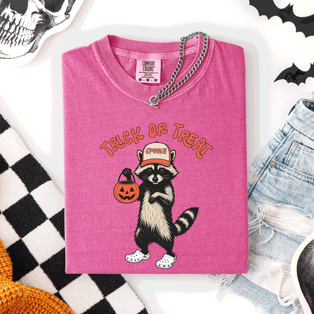 Raccoon Trick Or Treat Halloween Spooky Nighttime Illustration Artwork Comfort Colors Tee