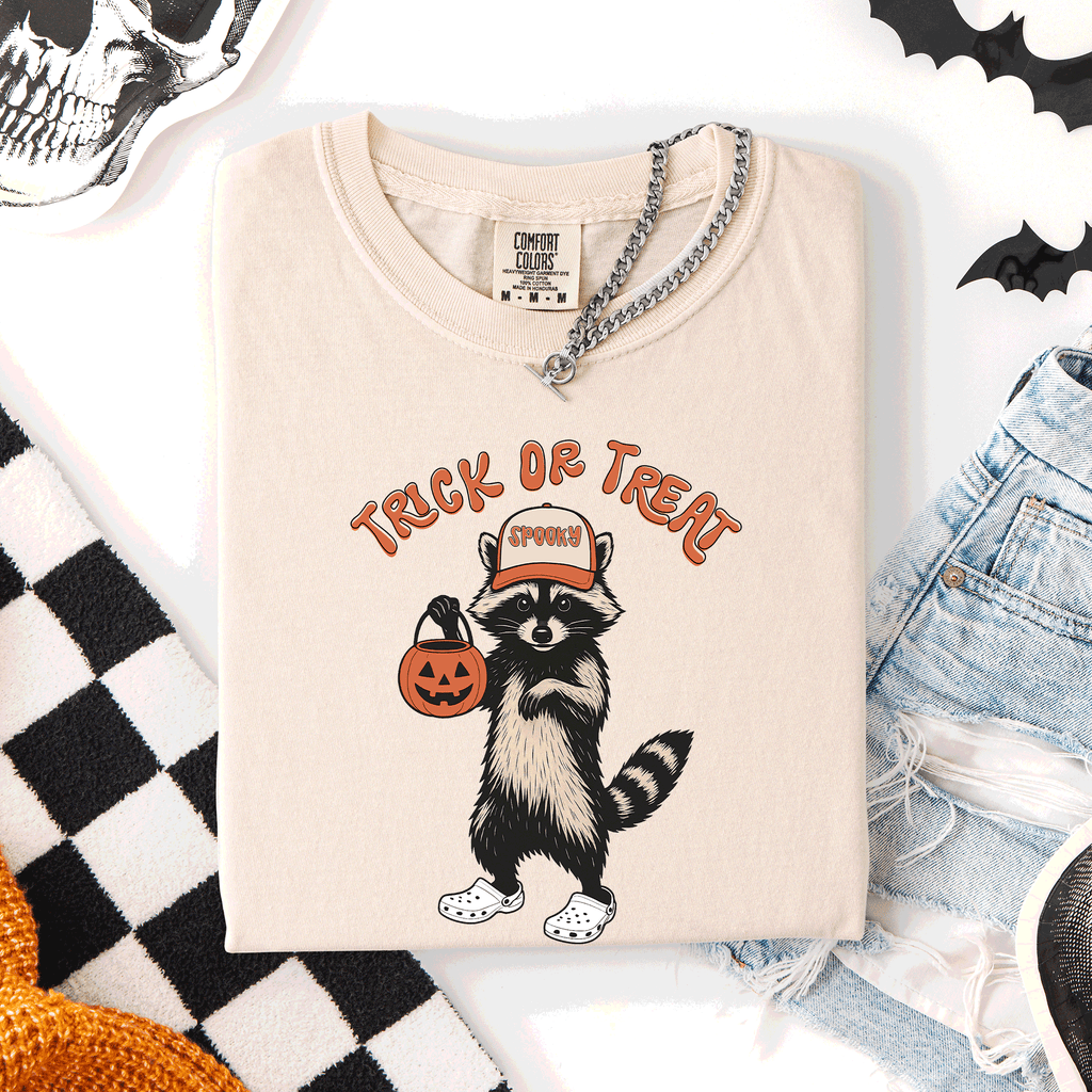 Raccoon Trick Or Treat Halloween Spooky Nighttime Illustration Artwork Comfort Colors Tee