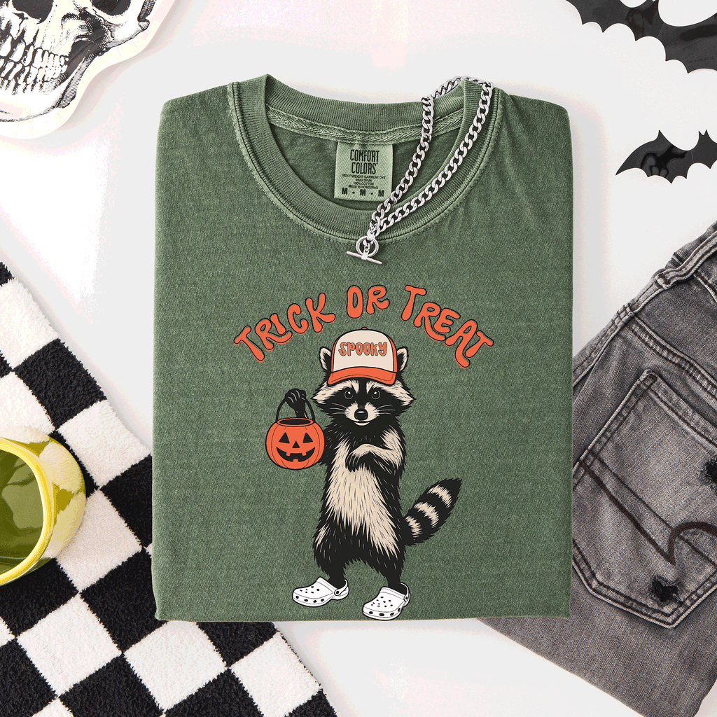 Raccoon Trick Or Treat Halloween Spooky Nighttime Illustration Artwork Comfort Colors Tee