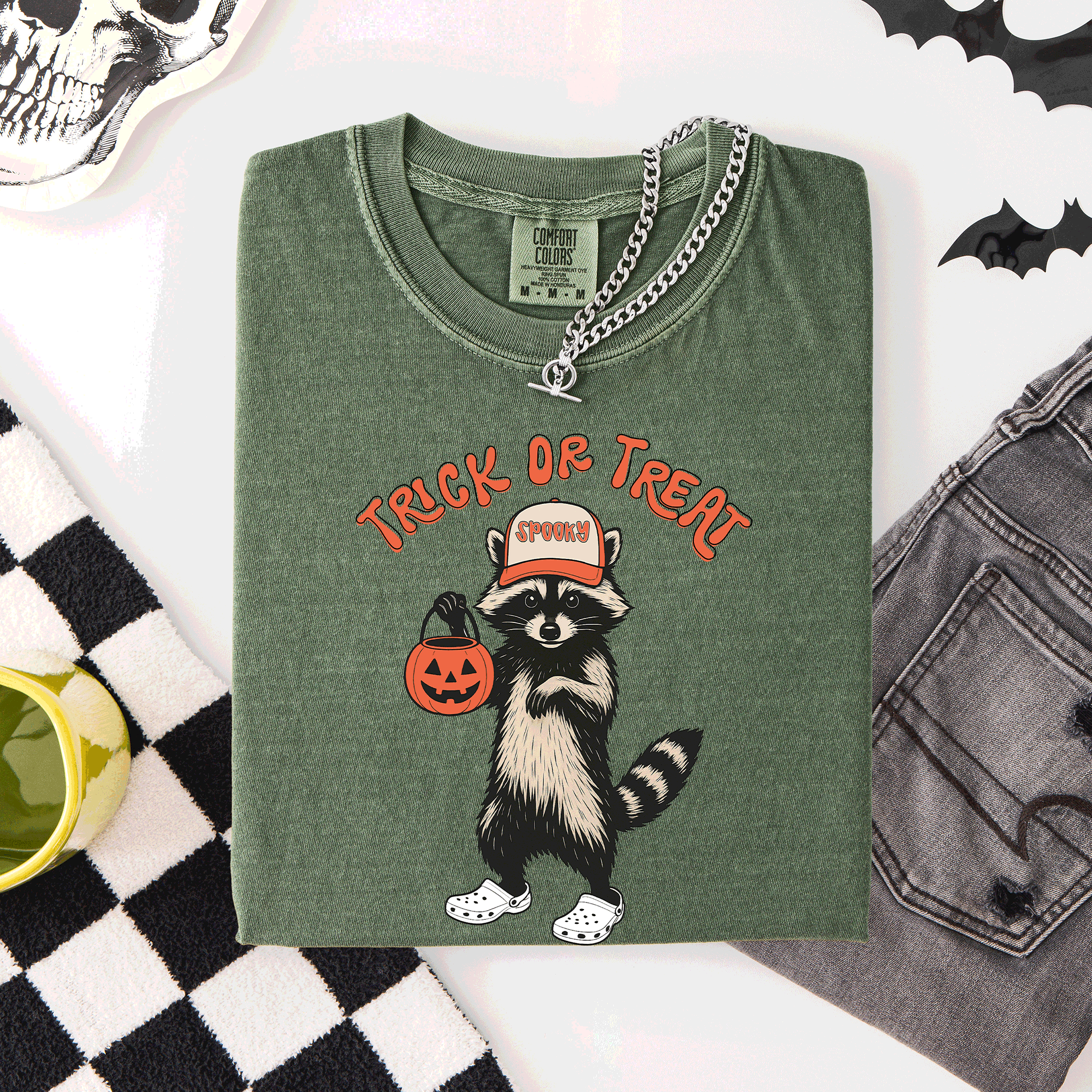 Raccoon Trick Or Treat Halloween Spooky Nighttime Illustration Artwork Comfort Colors Tee