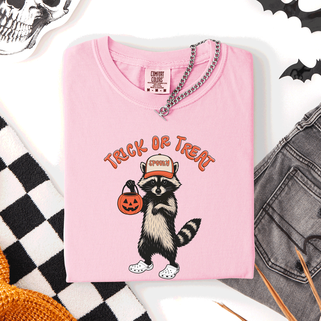 Raccoon Trick Or Treat Halloween Spooky Nighttime Illustration Artwork Comfort Colors Tee