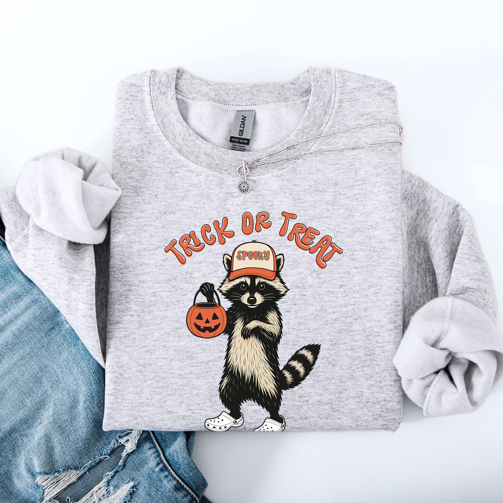 Raccoon Trick Or Treat Halloween Spooky Cozy Nighttime Autumn Theme Seasonal Fun Sweatshirt