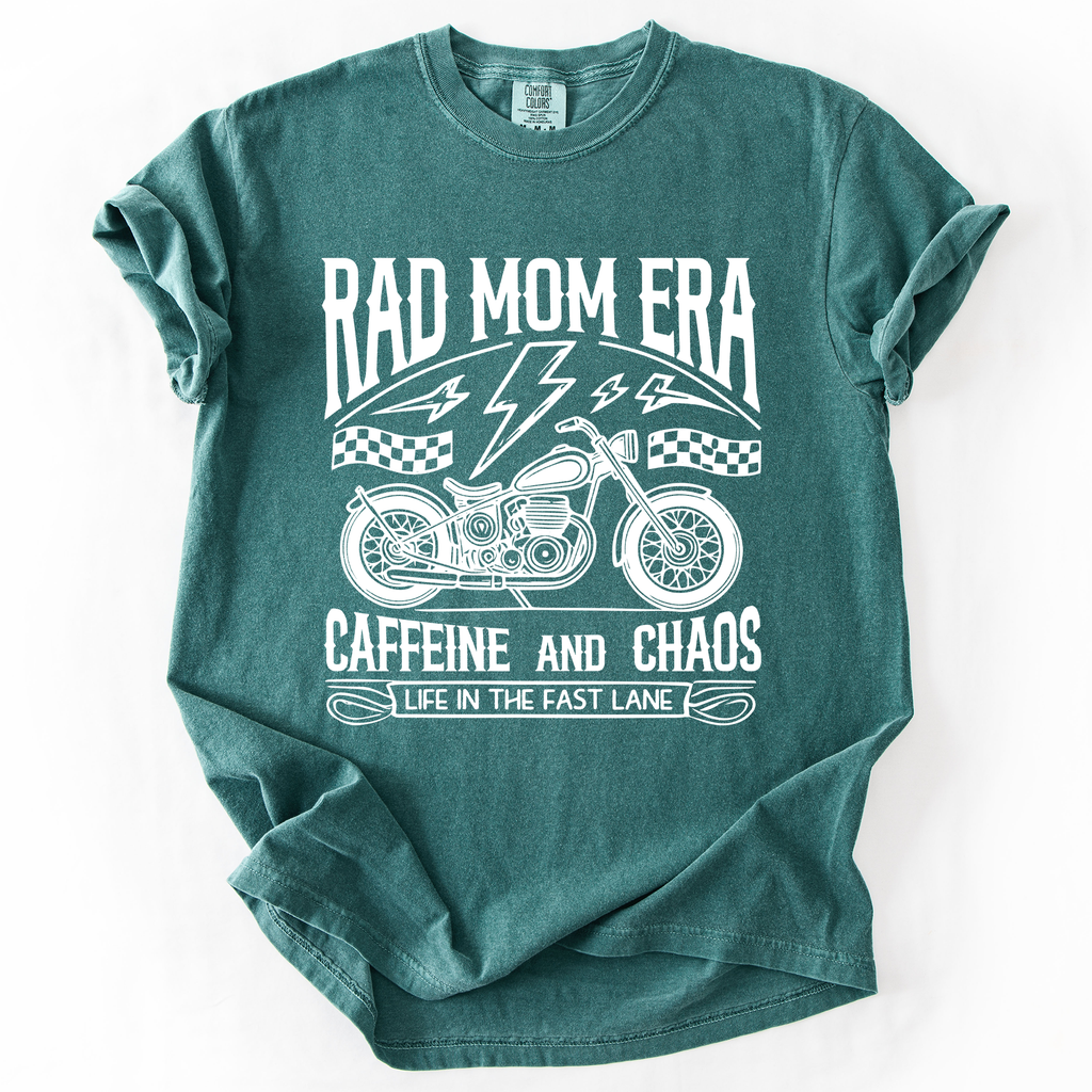 Rad Mom Era Caffeine and Chaos Sassy Mama Mother Real Life Supermom Everyday Hustle Coffee Loving Comfort Colors Tee